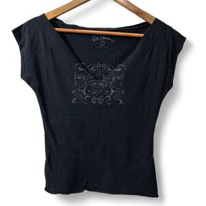 Fox Denim Black‎ Graphic Tee Womens Small V-Neck Moto Biker Y2K Stretch Shirt
